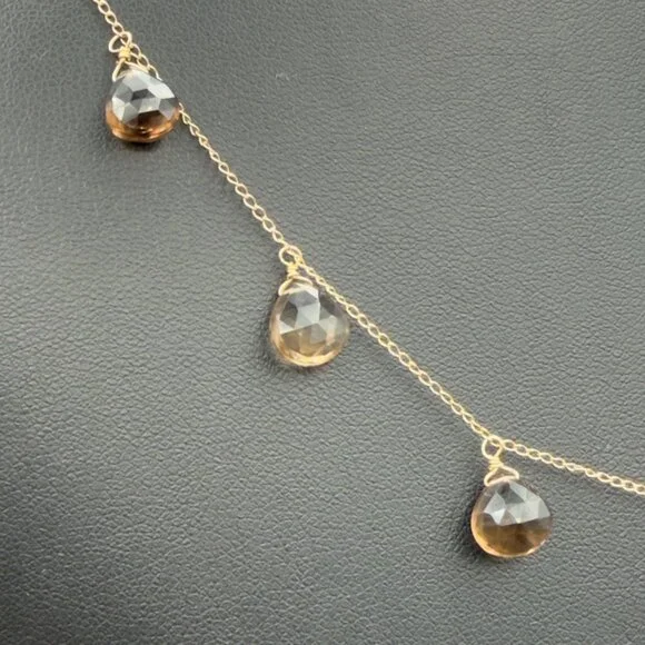 14K Yellow Gold Faceted Smoky Quartz Necklace Pear Shaped Drops Dangle - Picture 6 of 10